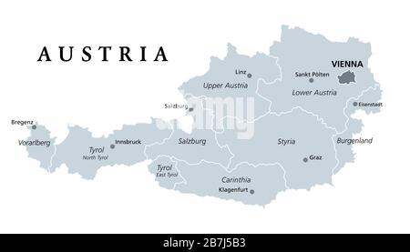 Austria, gray colored political map, with the capital Vienna, nine federated states, the capitals and borders. English labeling. Isolated illustration Stock Photo
