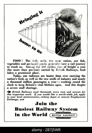 A 1950s advert for British Railways freight services of fresh food and milk. The advert appeared in a magazine published in the UK in February 1952. The illustration features milk churns and a steam locomotive hauling milk wagons. At this time rail freight was a very important part of the rail network and post-war some food items were still being rationed. Milk trains were common on the railways of Great Britain from the early 1930s to the late 1960s. But by 1981 all transport of milk was made by road. Stock Photo
