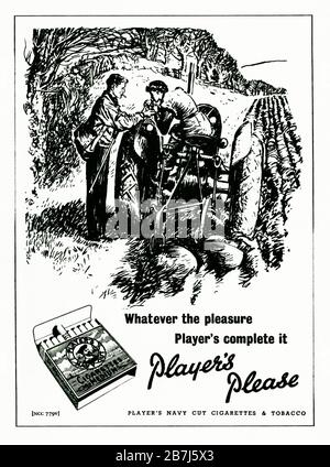 A 1950s advert for Player's Navy Cut 'Medium' cigarettes. The advert appeared in a magazine published in the UK in February 1952.The illustration features a girl on a tractor and the words emphasise the pleasure of smoking and the famous catchphrase 'Player's Please'. The box of the cigarettes featured the famous sailor image in the centre of the design - with the word 'Hero' on his cap. Nottingham based John Player and Sons became part of Imperial Tobacco in 1901. Stock Photo