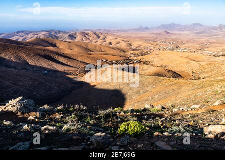 The view over a dry, barren landscape from Mirador de Guise y Ayose in the centre of the Canary Island of Fuerteventura