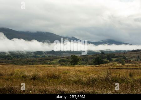 Low clouds after a storm hang over the valley near Gairlochy, Lochaber, Fort William, Scotland Stock Photo