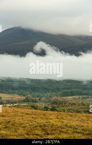 Low clouds after a storm hang over the valley near Gairlochy, Lochaber, Fort William, Scotland Stock Photo