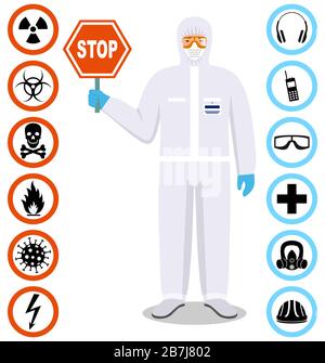 Medical concept. Illustration of standing doctor holds a stop sign. Man in yellow protective suit and mask. Dangerous profession. Virus, infection Stock Vector