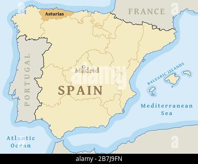 Asturias autonomous community location map within Spain. Vector illustration. Stock Vector