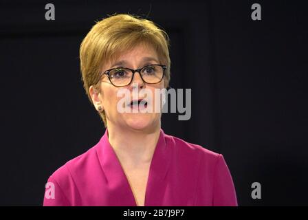 First Minister Nicola Sturgeon holding a media briefing at St Andrew's House in Edinburgh on Coronavirus (COVID-19) after she had taken part in the UK Government's COBRA meeting. Picture date: Monday March 16, 2020. See PA story HEALTH Coronavirus Scotland. Photo credit should read: David Cheskin/PA Wire Stock Photo