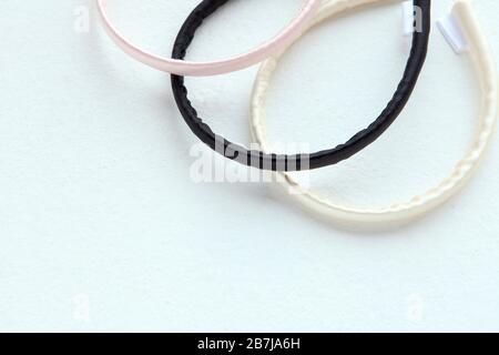 Flat lay Hairdressing tools and accessories as Color Hair Scrunchies, Orbital Hair ring or hair hoop Stock Photo