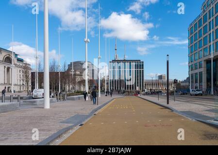 View down Broad Street and Centenary Square towards Paradise Circus in Birmingham city centre, UK Stock Photo