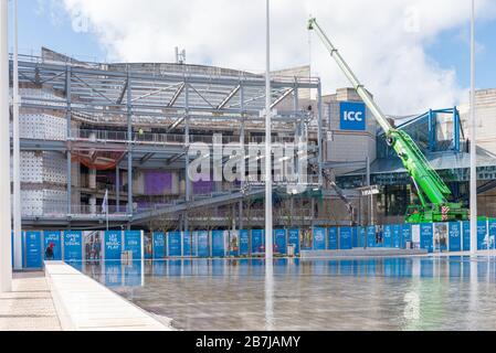 Renovation work continues on the front of Symphony Hall in Centenary Square, Broad Street, Birmingham, UK Stock Photo