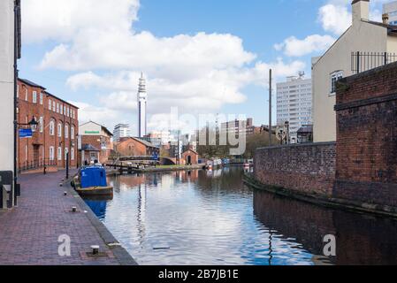 View along the Birmingham and Fazeley Canal in Birmingham city centre, UK Stock Photo