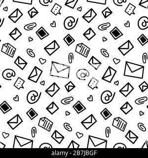 email mailing list to send. Envelope, photo, paper clip, document. seamless pattern black and white Doodle style vector illustration Stock Vector