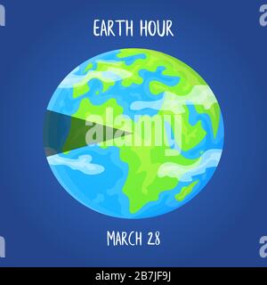 Earth hour day concept. Planet with highlighted segment. Stock vector illustration on blue background in flat style. Stock Vector