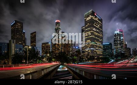 Los Angeles, California, USA-March 13,2020 :View of the Downtown of LA in the evening, night time