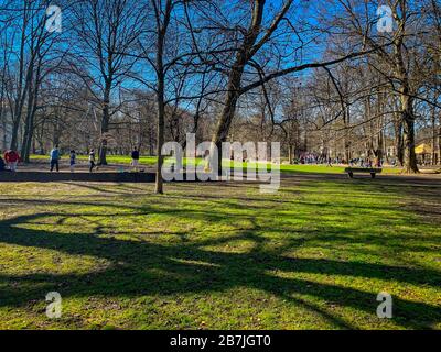 Munich, Gruendwalder Park, Sunday, 15th of March 2020, people and children enjoying the spring weather during Corona Virus Szenario Stock Photo