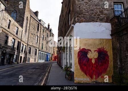 View of Candlemakers Row street and street art in Edinburgh Old Town, Scotland, Uk Stock Photo