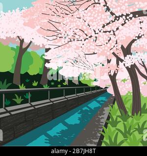 Hand drawn blooming sakura alley vector poster Stock Vector