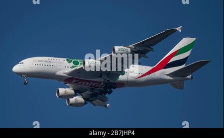 16th March 2020, London, UK. Emirates Airbus A380 on approach to London Heathrow, arriving from Dubai during escalation of COVID-19 Coronavirus in Europe. Credit: Malcolm Park/Alamy. Stock Photo