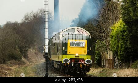 Alycidon D9009 Deltic diesel locomotive under power on the East Lancashire Railway at Ramsbottom, Lancashire, England Stock Photo