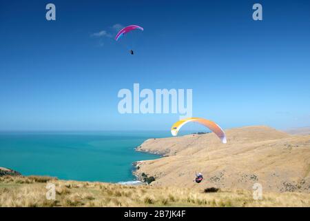Hang Gliders, Scarborough Hills Preserve, Sumner, Christchurch, South Island, New Zealand Stock Photo