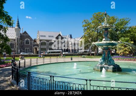 Christchurch Botanical Gardens in summer with Peacock Fountain circa 1911, Christchurch, Canterbury Region, South Island, New Zealand Stock Photo