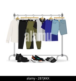 Metal rack with casual men clothes and footwear Stock Vector