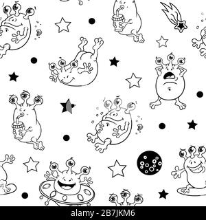 cute funny three-eyed black and white aliens in a flying saucer , surfing in space with rockets, planets and spaceships, isolated, vector seamless pat Stock Vector