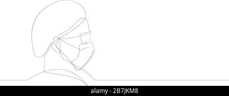 One continuous line drawing medical face mask. Concept of coronavirus. continuous single drawn one line surgeon hand-drawn picture silhouette. Line ar Stock Vector