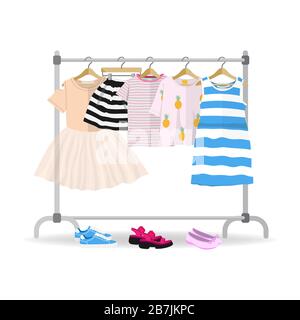 Rack with colorful summer children clothes hanging on hangers Stock Vector