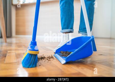 Portrait of young latin man sweeping wooden floor with broom at home. Cleaning, housework and housekeeping concept. Stock Photo
