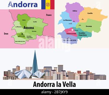 Andorra administrative divisions map. Flag of Andorra. Flat style cityscape of Andorra la Vella. Vector illustration Stock Vector