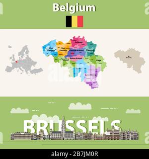 Belgium administrative divisions map colored by provinces. Brussels cityscape colorful poster. Vector illustration Stock Vector