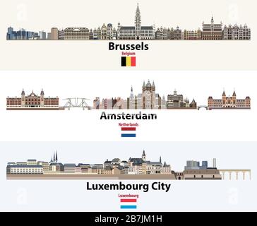 Skylines illustrations of Brussels, Amsterdam, Luxembourg City. Flags of Benelux countries: Belgium, Netherlands, Luxembourg. Vector Stock Vector