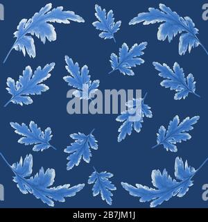 Floral botanical pattern with blue chrysanthemum leaves on dark blue background. Botanical design for textile, napkins, kerchief, shawl in oriental st Stock Photo