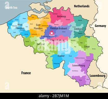 Belgium administrative districts map with neighbouring terrotories. Vector Stock Vector