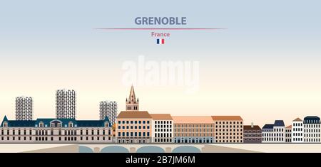Vector illustration of Grenoble city skyline on colorful gradient beautiful daytime background Stock Vector
