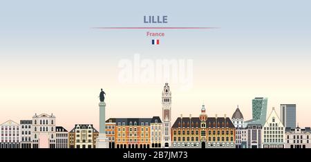 Vector illustration of Lille city skyline on colorful gradient beautiful daytime background Stock Vector