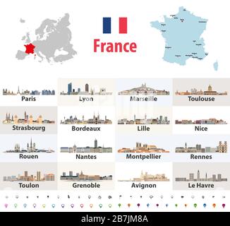 vector map of France with main cities on it. French cities skylines icons. Navigation and location signs set Stock Vector