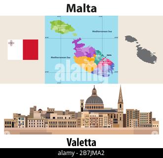 Malta administrative divisions map. Flag of Malta. Flat style cityscape of Valetta. Vector illustration Stock Vector