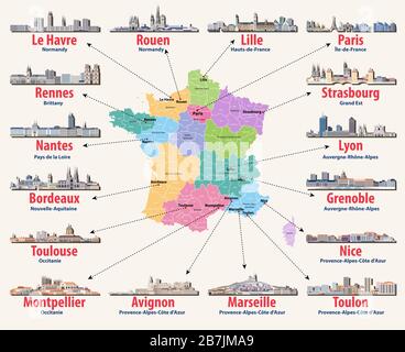 vector map of France with main cities on it. French cities skylines icons Stock Vector