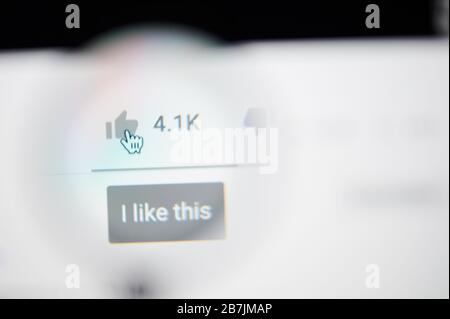 New-York , USA - March 13, 2020: I like this youtube video on laptop screen close up view Stock Photo