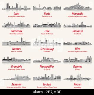 French cities skylines flat style isolated icons in black and white color palette. Vector illustration Stock Vector