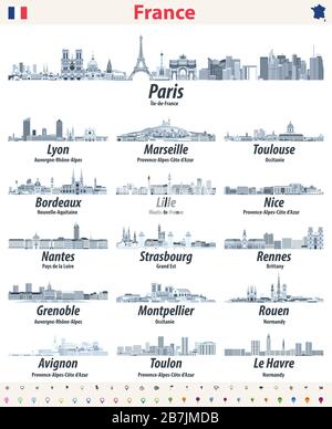 France cities skylines isolated icons in soft blue color palette. Navigation and location signs set. Vector Stock Vector
