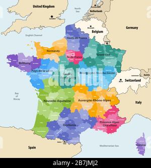 France administrative regions and departments vector map with neighbouring countries and territories Stock Vector