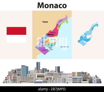 Monaco wards map with neighbouring territories. Cityscape of Monte Carlo, Monaco. Vector illustration Stock Vector