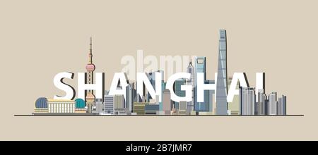 Shaghai cityscape colorful poster. Vector detailed illustration Stock Vector