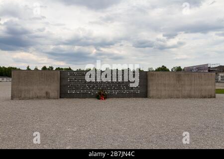 Multi-lingual memorial wall, part of the International Monument at the former Nazi German Dachau concentration camp, Munich, Germany. Stock Photo