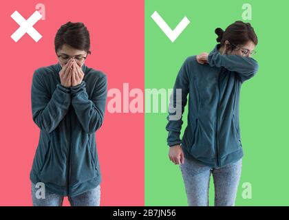 Comparison between wrong and right way to sneeze to prevent virus infection. Caucasian woman isolated on colored background sneezing,coughing into her Stock Photo