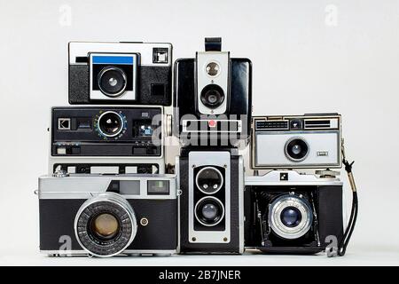 collection of retro cameras on isolated background Stock Photo