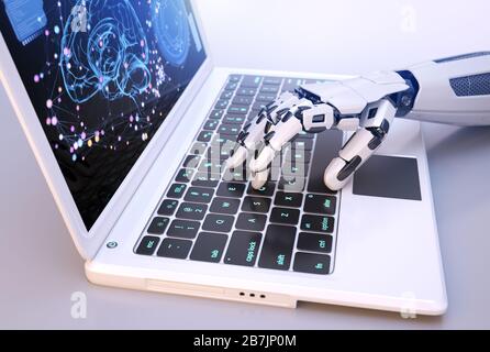 Robot's hand typing on keyboard. 3D illustration