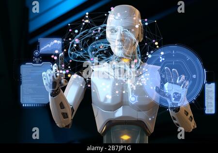 Robot working with futuristic touchscreen. 3D illustration Stock Photo