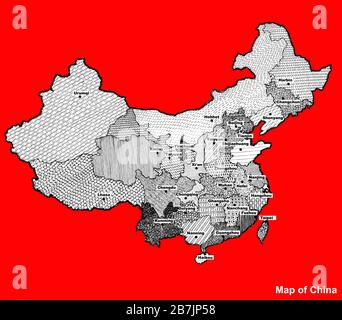 Map of China with regions and cities. White and black graphic illustration with map of China. Chinese map with regions. Map with abstract grey colors. Stock Photo